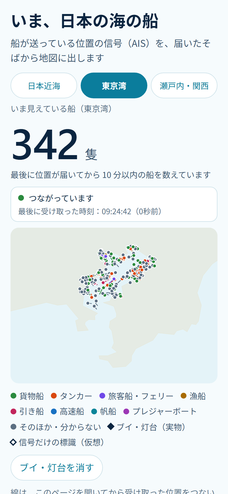 船なうの東京湾の画面。東京湾に絞り込んだ地図の上に、いま信号が届いている船が点で並んでいる